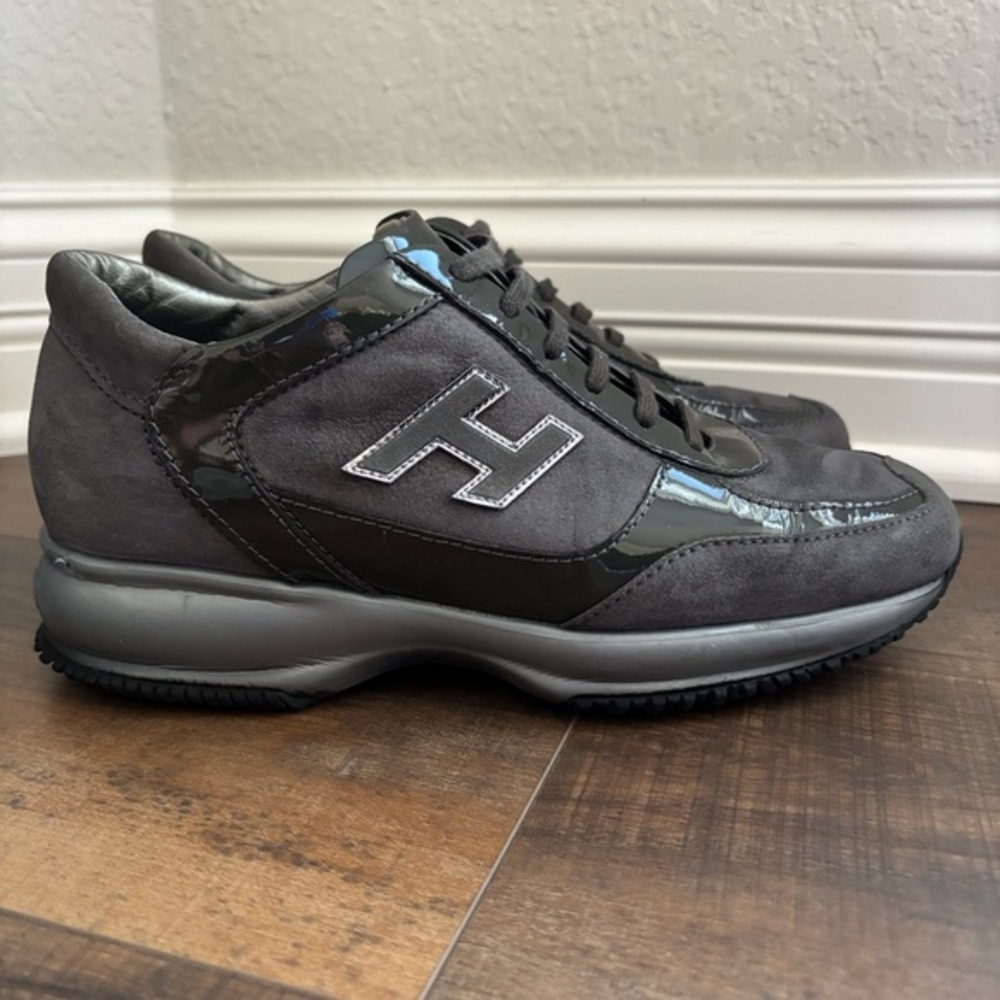 Hogan Interactive Grey Suede Patent Leather Sneaker Shoe Womens Size 38.5 US 8.5